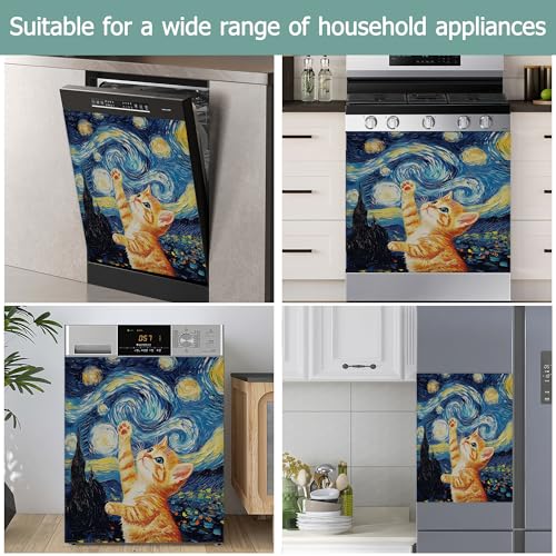 Image of Cute Cat Dishwasher Magnets Decorative Cover,Blue Starry Night Waterproof Magnetic Dishwasher Cover Panel,Refrigerator Magnet Cover for Kitchen Home Decor 23x26 Inch