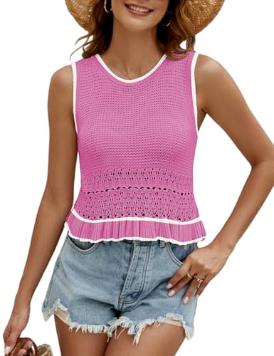 Image of VIMPUNEC Womens Crochet Crop Tank Tops Sleeveless Knit Sweater Vest Ruffle Hem Summer Top