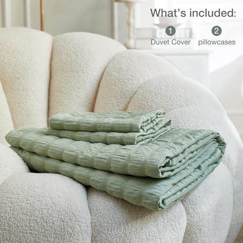 Image of JELLYMONI Light Green Duvet Cover Twin Size, 3pcs Washed Microfiber Bedding Set for Kids, Soft Breathable Seersucker Duvet Cover Set with Zipper Closure and Corner Ties for All Seasons