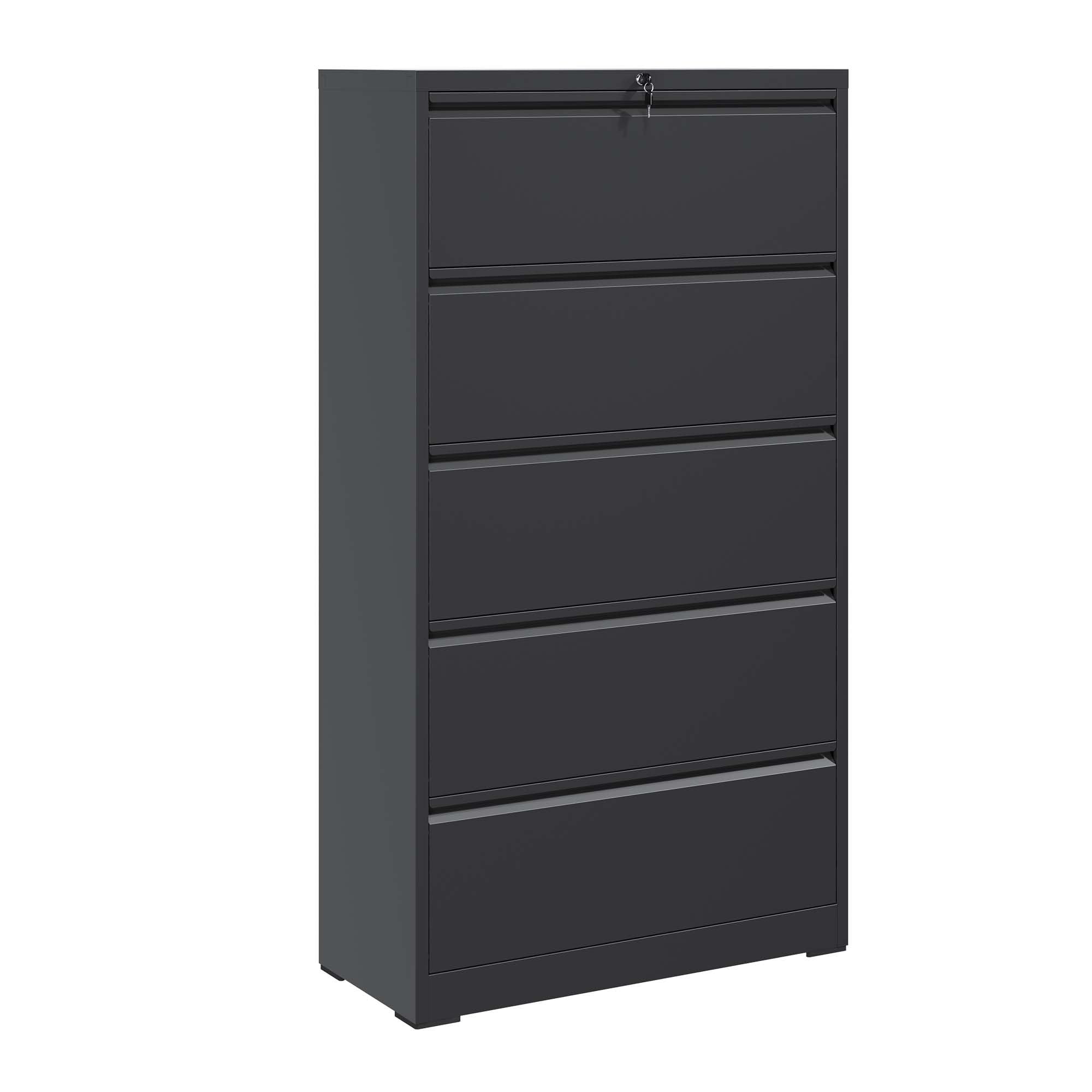 Archivador lateral de metal con 5 cajones con cerradura, unidad de almacenamiento de oficina negra con llave segura para oficina en casa y solución de archivo elegante