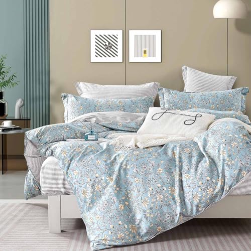 Smoky Blue Botanical Cotton Comforter Queen Size - 3PC Lightweight Bedding Sets with Soft Fill, Luxurious Vintage-Inspired Floral Patterns, Light Gray Striped Reversible Design