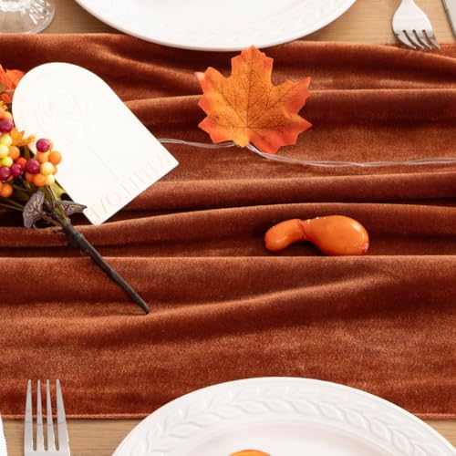 Image of Velvet Table Runner 10ft Luxury Wrinkle Resistant Velvet Fabric, Terracotta | Smooth Texture, Fade & Pilling Resistant, Rich in Luster, for Wedding Holiday Kitchen and Dining Table Decor, 20x120 Inches