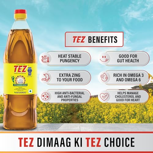 Image of Tez Mustard Oil for Cooking 1L | PT3 Kachchi Ghani Sarson Ka Tel | 100% Pure & Natural Oil | Promotes Gut Health with Antibacterial & Antifungal Benefits | Supports Good Health (Pack of 3)