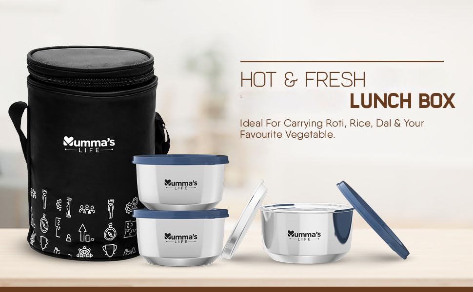 Image of Mumma's LIFE Stainless Steel Lunch Box with 3 Leakproof Air-Tight Stainless Steel Round Containers and Cover Bag | Stainless Steel & Spill Proof Lunch Box (Kuku 600mlx2 & 425x1)