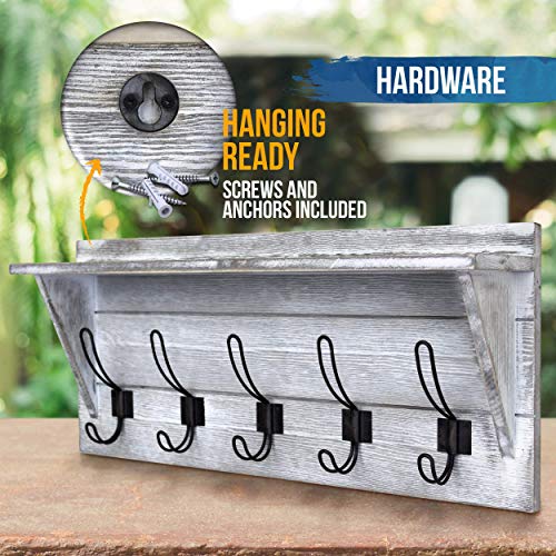 Hbcy Creations Rustic Wall Mounted Coat Rack With Shelf - Solid Wood 24" Entryway Shelf With 5 Coat Hangers. Perfect Touch For Your Entryway, Mudroom, Kitchen, Bathroom And More, Whitewash #TOP5
