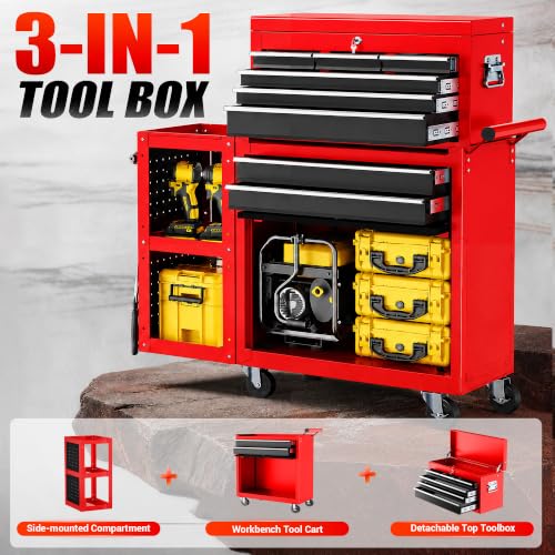Image of 8-Drawers Rolling Tool Chest, Assembled Tool Cabinet, Detachable Top Toolbox, 30% Extra Storage Tool Cabinet Universal Lockable Wheels, Tool Rack, Metal Tool Storage Cart for Garage Workshop, Red