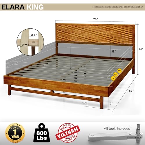 Image of Acacia Elara King Platform Bed Frame - Mid-Century Modern Style, Carved Headboard, Solid Wood, Caramel Finish, No Box Spring, 800lbs Support, Easy Assembly with Tools Included