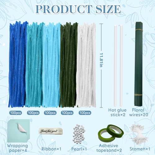 AZEAM 630 Pcs Pipe Cleaners Craft, Blue Pipe Cleaners Bulk with 5 Color Chenille Stems for Flower Kit Pastel Fluffy Fuzzy Sticks for Craft DIY Art Party Decorations by AZEAM - Image 2