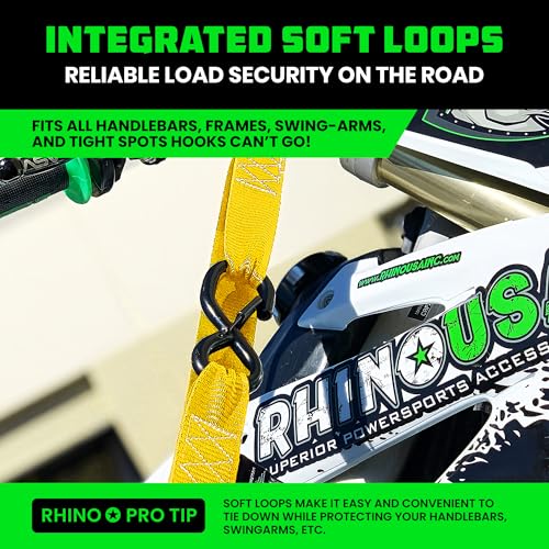 Image of Rhino USA Motorcycle Tie Down Straps (2 Pack) Lab Inspected 2,200lb Break Strength, Steel Cambuckle Tiedown Set with Integrated Soft Loops - Better Than a Ratchet Strap (YLW 2-Pack)
