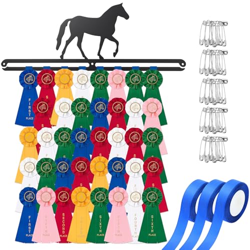 Teyva Daily Horse Ribbon & Medal Display Hanger for Wall - Metal Equestrian Rosette Holder with Pins & Ribbons Holds Up to 40 Awards Award Ribbon Organizer(Black)