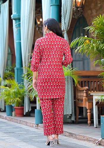 Greciilooks Women Cotton Blend Printed Casual Regular Fit Coord Set (Pink, Large)