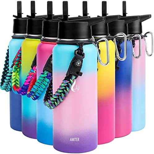 AMITER Stainless Steel Insulated Water Bottle with Paracord Handle, 32 oz Double Walled Vacuum 18/8 Thermos with Straw & Spout Lid, Leakproof BPA Free Travel Mug Jug