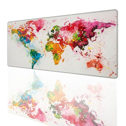 Tapis de souris gaming XXL 900x300mm avec motif carte du monde et bords cousus noir