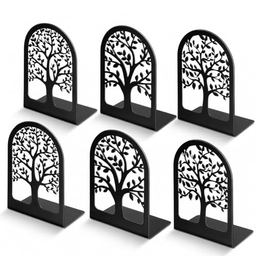 HappyHapi Book Ends, Metal Bookends for Shelves Decorative, Tree Stopper for Heavy Books, Black Ends to Hold Books for Home Office, 6.5 X 4.7 X 3.5 Inch(3 Pairs/6 Pcs, Large)