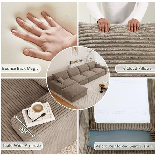 Image of 136 inch Cloud Couch Modular Sectional Sofa for Living Room, L-Shape Boneless Couch with Deep Seat, Modern Corduroy 6-Seater with Ottoman, No Assembly Required,Camel