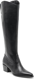 Coutgo Women Knee High Boots Wide Calf Chunky Heel Pointed Toe Zip Boots | 2-inch Block Stacked Low Heel,Cowboy,Closed Toe,Side Zipper,Dressy Casual,Fall Winter Shoes