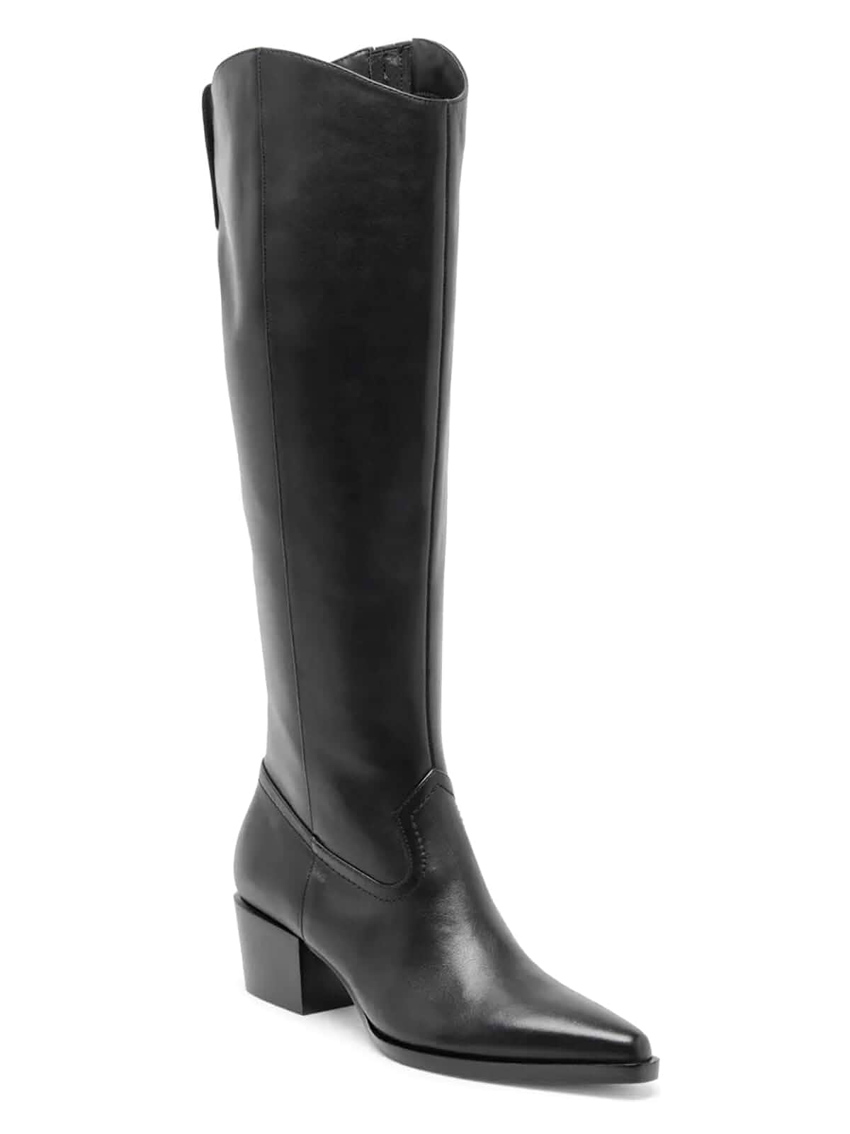 Coutgo Women Knee High Boots Wide Calf Chunky Heel Pointed Toe Zip Boots 2-inch Block Stacked Low Heel,Cowboy,Closed Toe,Side Zipper,Dressy Casual,Fall Winter Shoes