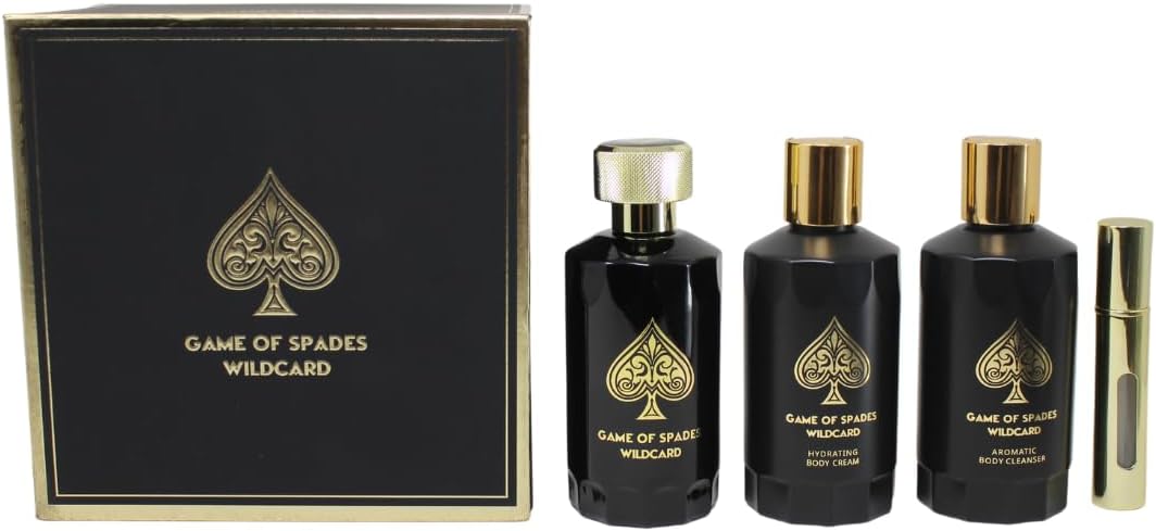 Jo Milano Game of Spades Wildcard 4-Piece Gift Set Unisex, (3.4 Oz Parfum Spray + 6.8 Oz Body Cleanser + 6.8 Oz Body Cream + 0.27 Oz Refillable Atomizer)