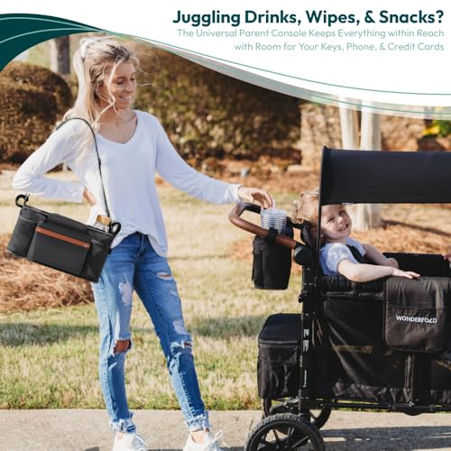 Image of WONDERFOLD Universal Parent Console Stroller Organizer with Insulated Cup Holders, Hook & Loop Closure Handle Attachment, 2 Storage Pockets, Removable Shoulder Strap for Easy Transport