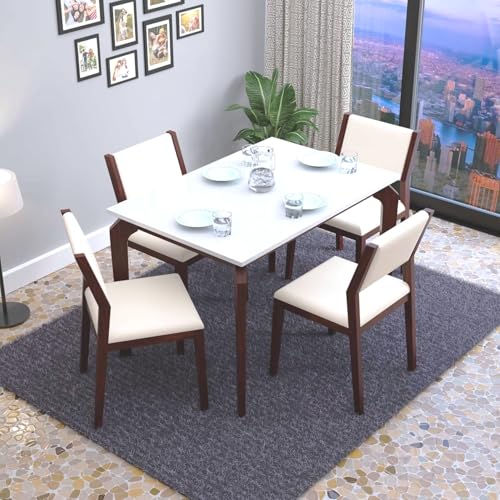 Image of MURALICRAFT Sheesham Wood 45 inch Dining Table Set of 4 | Marble Finish Four Seater Dinning Table with 4 Upholstered Dining Chairs | Table Top: Premium HDMR Wood, Chair: Curved Design, White & Walnut
