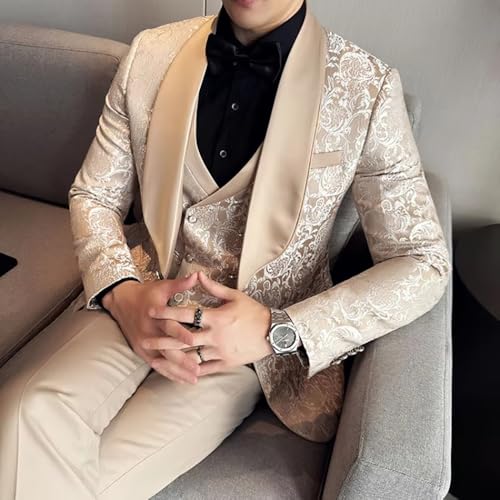 Men's 3 Piece Jacquard Suit Dinner Party Prom Tuxedo Wedding Embroidered Blazer Vest Pants Set3
