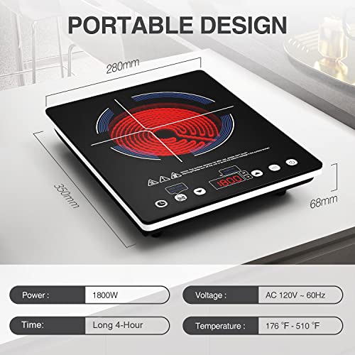 Electric Cooktop 110v,Single Burner Electric Stove Infrared Cooktop Hot Plate 1800W,4-Hour Setting,Black Crystal Glass Surface Compatible for All Cookware - Image 4