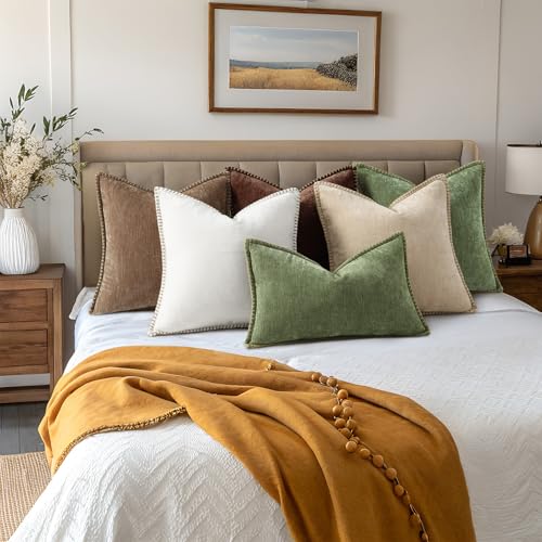 Image of decorUhome Fall Chenille Soft Cozy Throw Pillow Covers 16x16 Set of 2, Modern Farmhouse Boho Velvet Decorative Pillow Cases with Stitched Edge for Couch Sofa Bed Home Decor, Olive Green