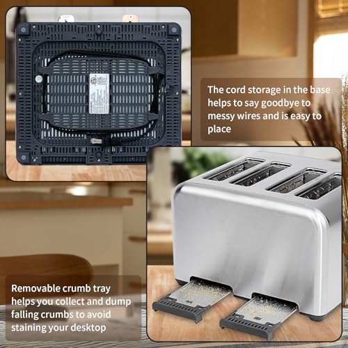 Image of SEEDEEM Toaster 4 Slice, Stainless Toaster & Touch Control, LCD Display, 6 Bread Type, 7 Shade Settings, 1.5'' Wide Slots, Cancel /Defrost /Reheat, Removable Crumb Tray, 1800W, Silver Metallic