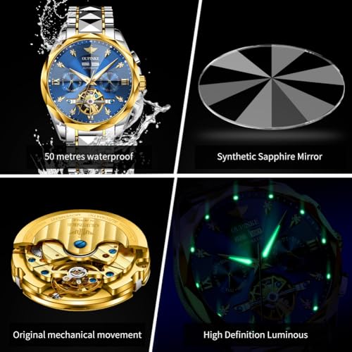 OLEVS Men's Watches Automatic Skeleton Self-Winding Original Mechanical Blue Luxury Sapphire Crystal Dress Gifts Wrist Watches — view 5