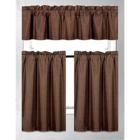 Elegant Home Collection 3 Piece Solid Color Faux Silk Blackout Kitchen Window Curtain Set with Tiers & Valance Solid Color Lined Thermal Blackout Drape Window Treatment #K3 Coffee/Brown/Chocolate Cover