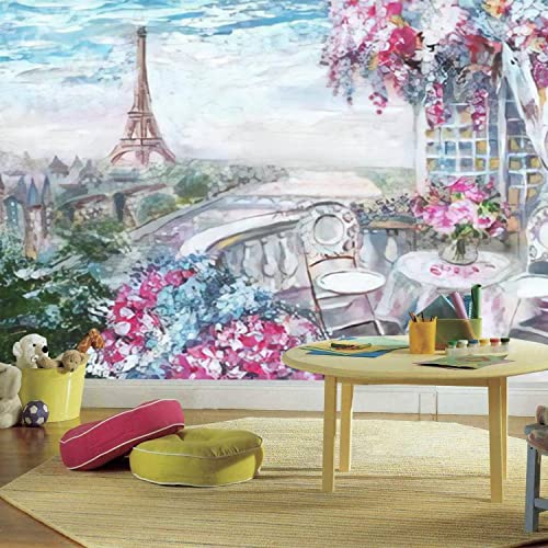 Vghuyevogere Modern Wall Murals 3D Oil Painting Summer Cafe In Paris Gentle City Landscape View From Peel And Stick Wallpaper Removable Self-Adhesive Pvc Stickers For Living Room Bedroom Decor #TOP1