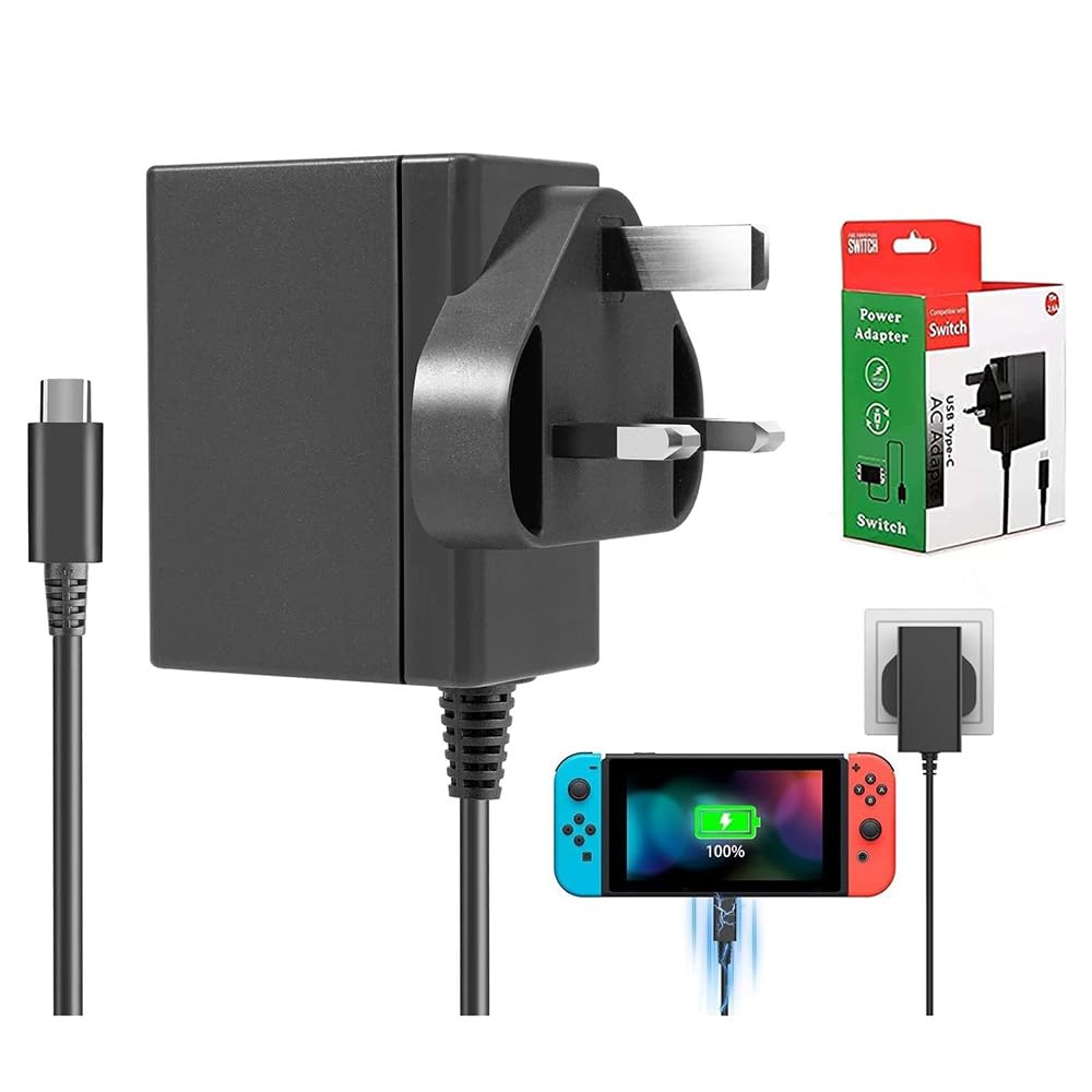 BERLS for Nintendo Switch Charger Cable Ac Power Adapter for Switch lite, Dock, OLED, Pro Controller UK Plug 15V 2.6A Fast Charging Support TV Mode