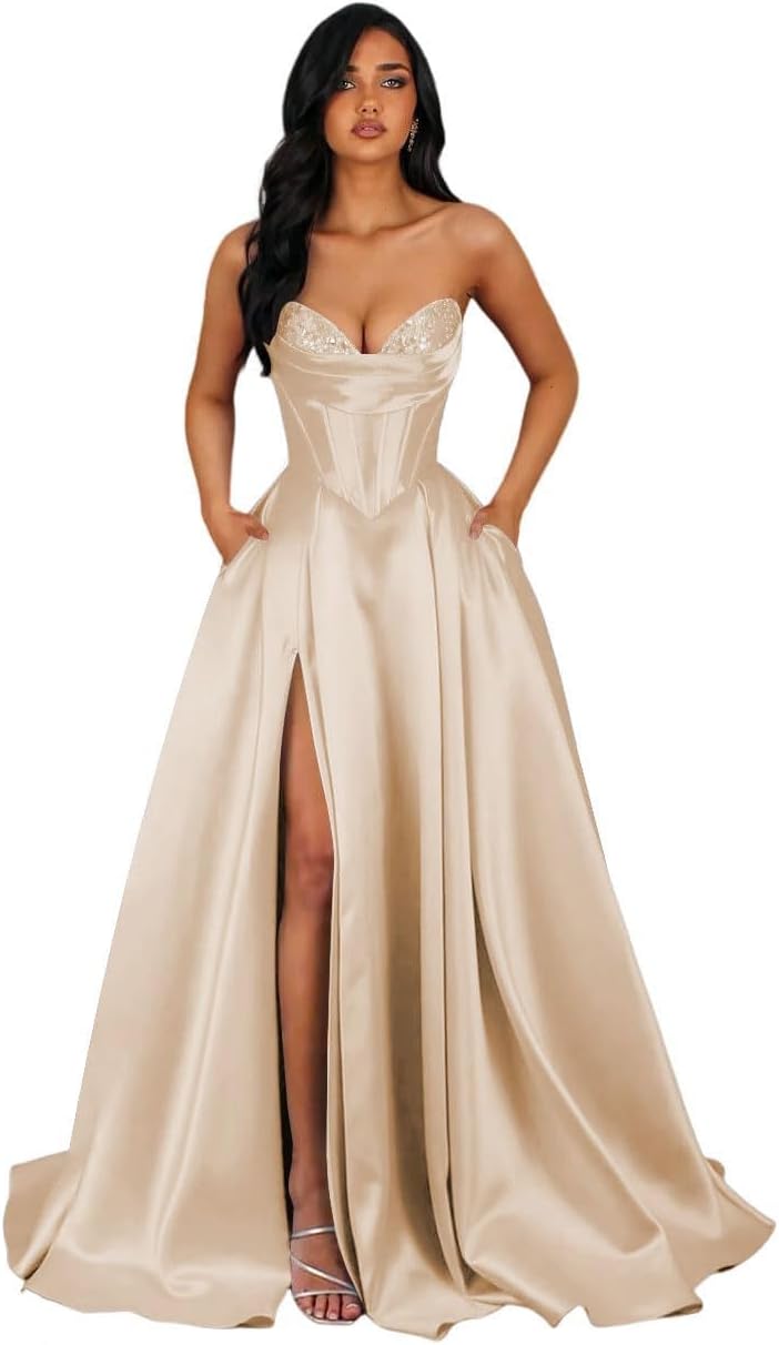 Glitter Sequin Satin Prom Dresses for Women Long Corset A-line Formal Evening Gown with Slit
