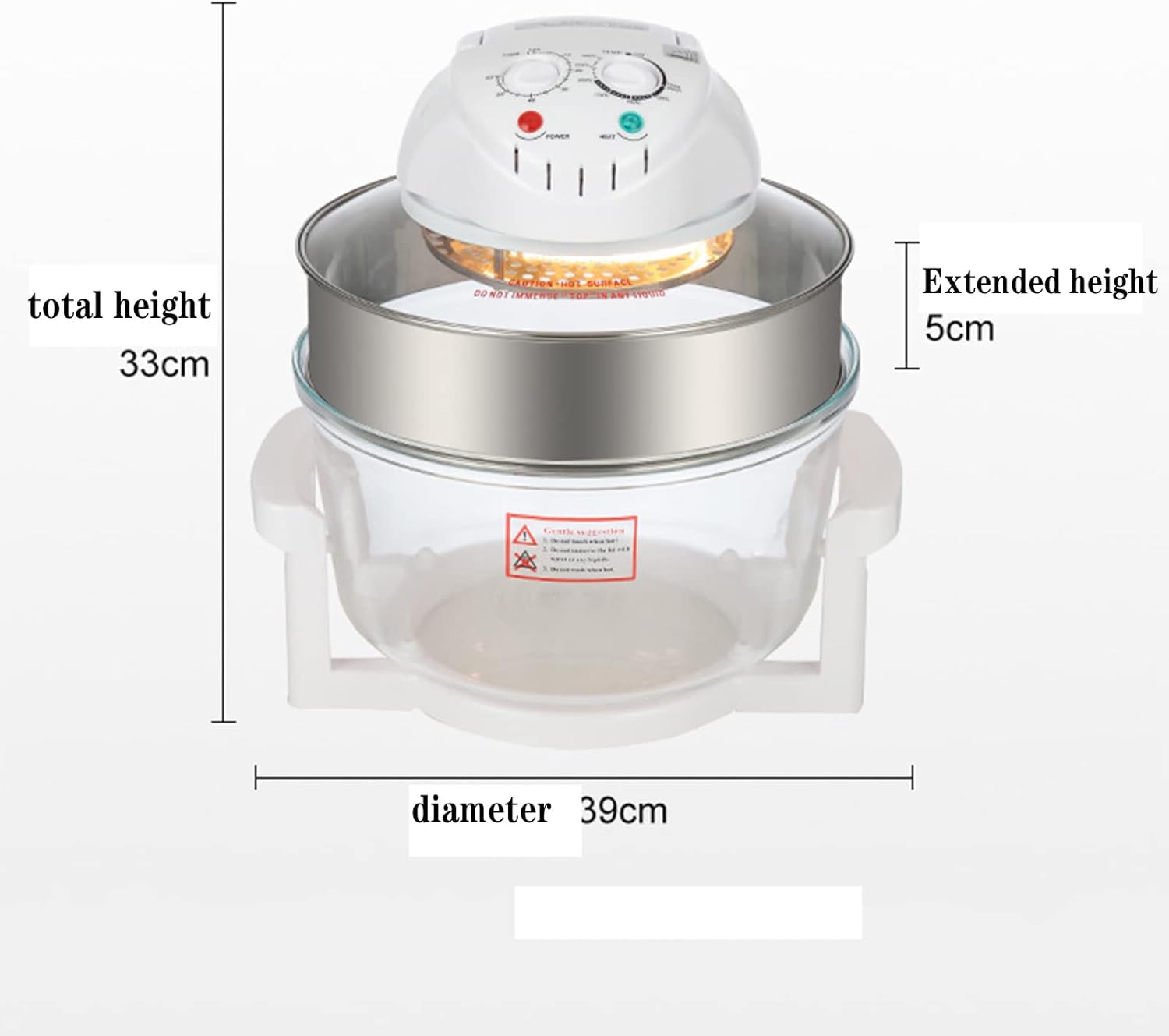 Diagram showing the dimensions of the air fryer with and without the heightening ring