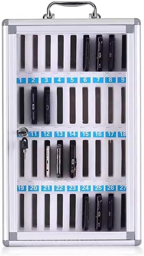 Aluminum Alloy Cell Phone Storage Cabinet - 36 Slots Lockbox with Handle for Schools & Classrooms - Mobile Device Organizer, Secure Storage Solution (Silver-B)