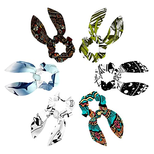 6PCS Hair Scarf Scruncheis for Women Girls, Ribbon Bow Elastic Hair Ties Bands Satin Hair Ribbon Scrunchy Ponytail Holder Accessories,Gibiscus Plumeria and Palm Leaves