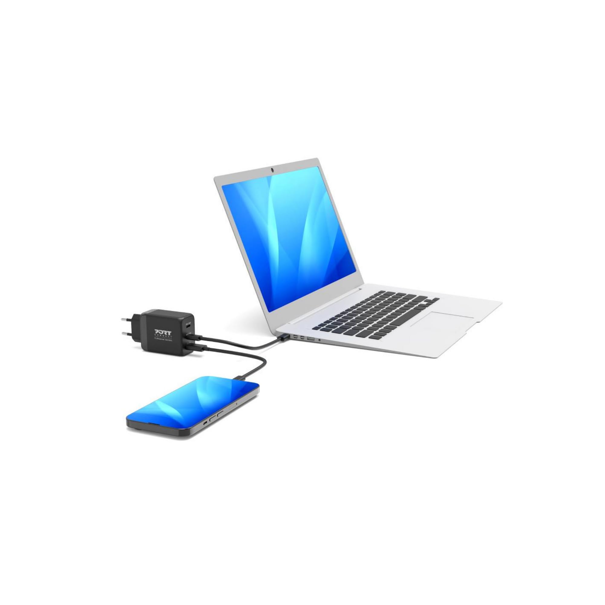 Port Connect Chargeur Mural gan USB-c Power Delivery™ & USB-a Quick Charge 65w avec câble Type c 2 mètres Noir Prise EU