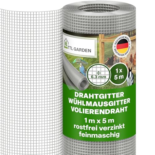 TTL GARDEN 1m x 5m Drahtgitter feinmaschig rostfrei verzinkt 6,3mm Masche 0,55 mm Draht Stärke - auf Rolle Maschendraht Volierendraht Hasendraht Wühlmausgitter 5m x 1m breit 6,3 mm Maschenweite
