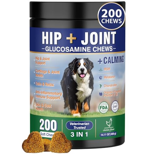 Hip and Joint Supplement for Dogs 200 Hemp Dog Calming Chews with Glucosamine, Chondroitin, Msm, Omega3, Melatonin for Senior Dogs Anxiety Pain Relief Anti Inflammatory Small/Medium/Large Dog -Chicken