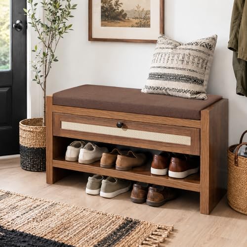 VipDesk Rattan Shoe Bench with Storage Drawer and Cushion Seat, Walnut Wood Entryway Bench 330 lbs Capacity, Waterproof for Hallway, Bedroom, Living Room