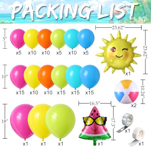 Image of 134Pcs Tropical Summer Beach Pool Party Balloon Garland Arch Kit,with Inflatable Beach Balls,Watermelon,Sun Foil Balloons for Hawaiian Luau Birthday Graduation Party Decorations - Hot Pink Yellow Blue