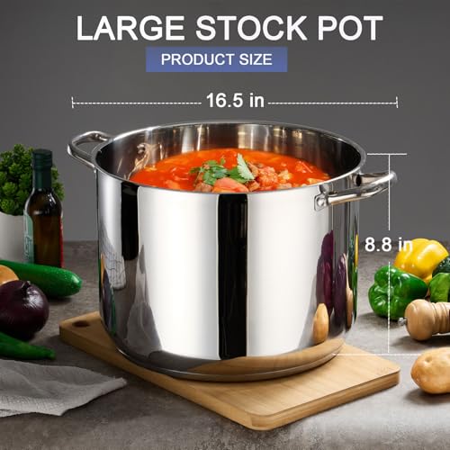 Stainless Steel Large Stock Pot, LIANYU 16 QT Heavy Duty Stockpot with Glass Lid, Deep Classic Soup Pot for Cooking Stewing Simmering, Thick Tri-ply Base & Stay-Cool Handle, Dishwasher Safe Cookware by LIANYU - Image 2