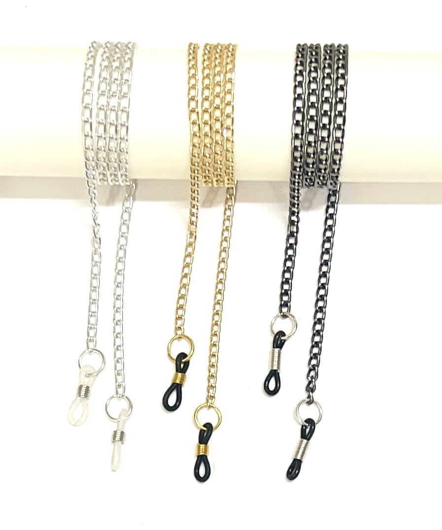 Gold, Silver & Black Lightweight Small Link Spectacle Chain | For Unisex Chain Lanyard String | Easily Worn Around Your Neck Glasses, Sunglasses (Combo 3)