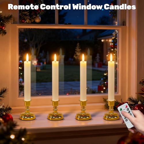 Image of Wondise Flameless Window Candles with Remote Timer, 7 inch Battery Operated 3D Wick Real Wax LED Flickering Taper Candles for Christmas Decoration, Removable Gold Holder and Suction Cups Included 4Pack