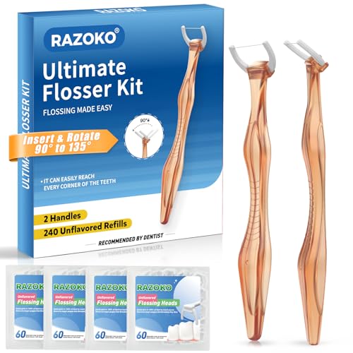 RAZOKO Kit de hilo dental extra fuerte resistente a las trituraciones, 135 grados para zonas de difícil acceso, libre de PTFE y PFAS, 2 asas + 240 cabezales de recambio, naranja
