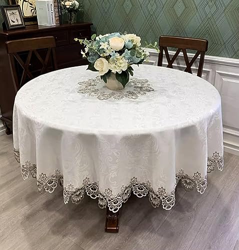 Sandweek Washable Lace Tablecloth Floral Embroidered Tablecloth Wrinkle Free & Stain Resistant Fabric Dust-Proof Table Cover for Kitchen Dinning Buffet Tabletop Decoration(Round 60 Inch)