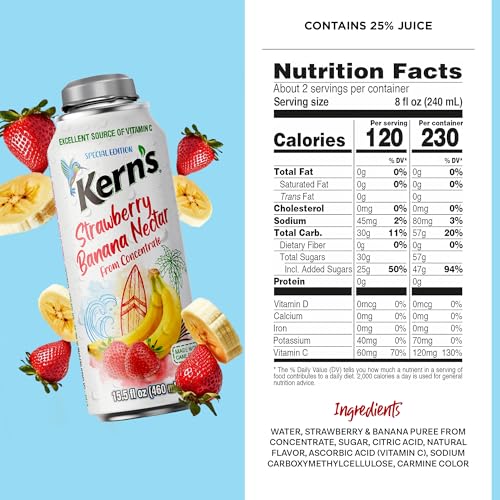 Image of Kern's Strawberry Banana Nectar Lata Botella - Fresh Fruit Puree & Tropical Fruit Juice Concentrate for Smoothie Mix, Cocktail Mixers & Kids Beverages - 15.5oz, 12 Pack Resealable Juice Bottles
