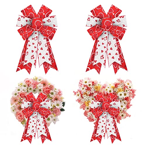 ABTOLS 2PCS Valentine's Day Bows for Wreath, Red Heart Wreath Bows Valentine White Heart Bows for Front Door, Wedding Romance Burlap Ornament Tree Topper Bows for Anniversary Indoor Outdoor Decor