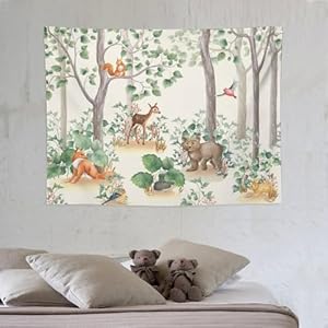 Forest Animal Kids Tapestry Wall Hanging Wild Rustic Bear Fox Deer Children Cartoon Tapestries Home Decor for Bedroom Living Room Nursery Classroom Toddler Dorm 30″x40″