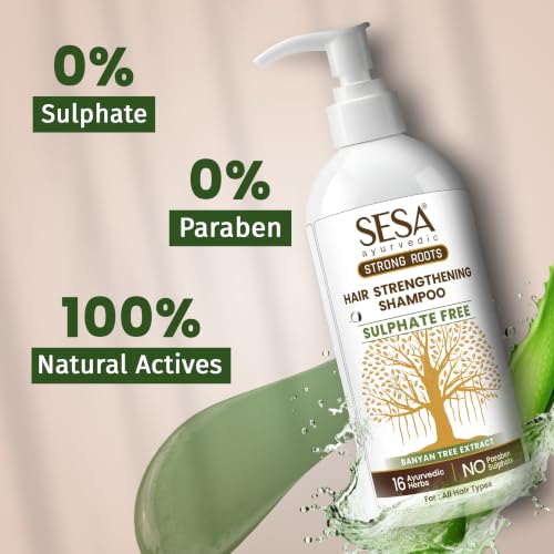 Image of Sesa Ayurvedic Strong Roots Hair Strengthening Shampoo, 300 ml With Banyan Tree Extract & 16 Ayurvedic Herbs | Sulphate & Paraben Free | For Weak, Dull, Breakage-Prone Hair | All Hair Types